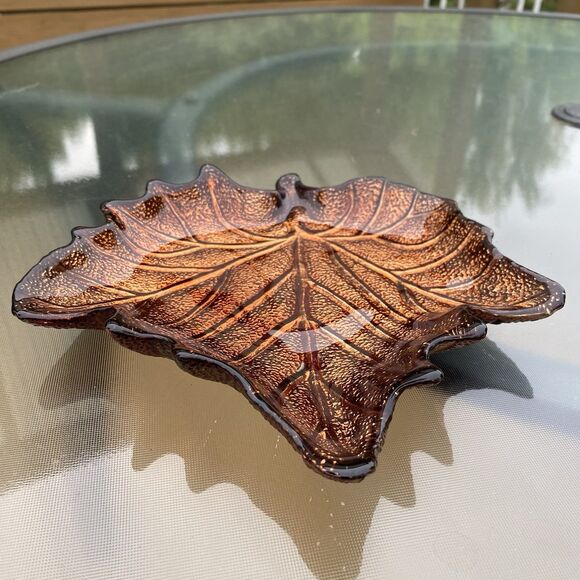 SUGAR MAPLE LEAF PLATE GLASS AMBER GLOW CHEESE CANDY SERVE DISH Sparkling - Picture 4 of 11